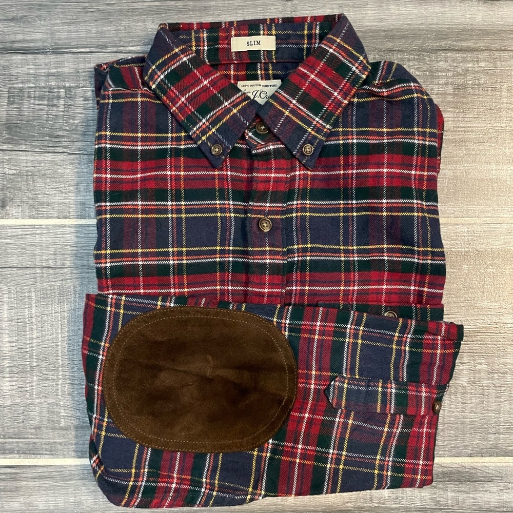 J.Crew Slim Fit Cotton Flannel Suede Elbow Patch Shirt in Mens Small